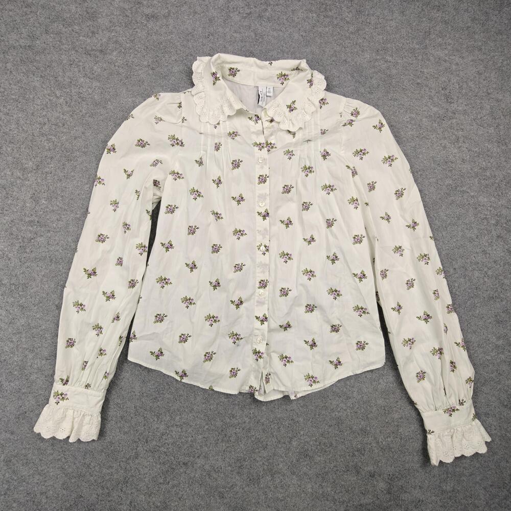 Paris Atelier Other Stories Blouse Womens Small White Floral Ruffle Long Sleeve